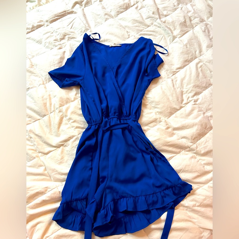 Bright Navy Blue V Cut Neck Dress